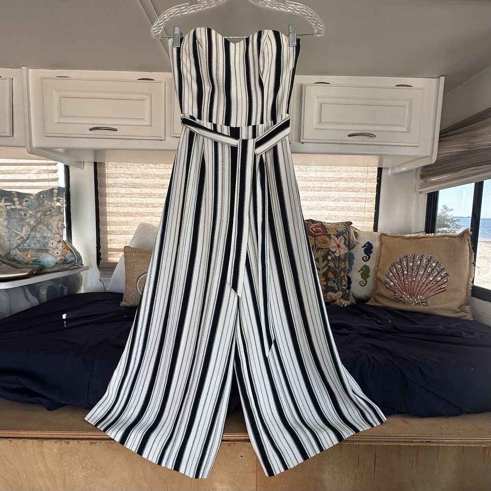 NWT‎ H&M Chic Strapless Jumper Size 0 Wide Leg Crop Black White Striped Belted